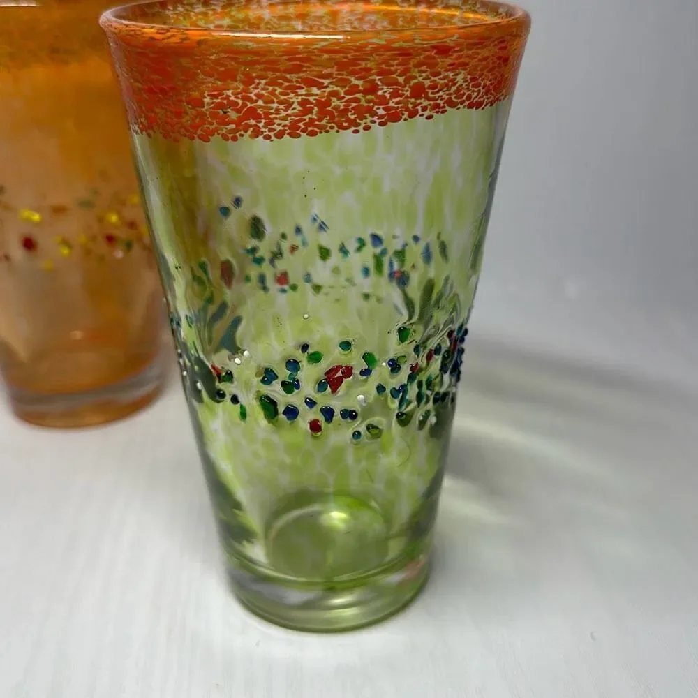 Tinted‎ Green Glass with Textured Specks of Paint and Orange Rim Unique Art Deco